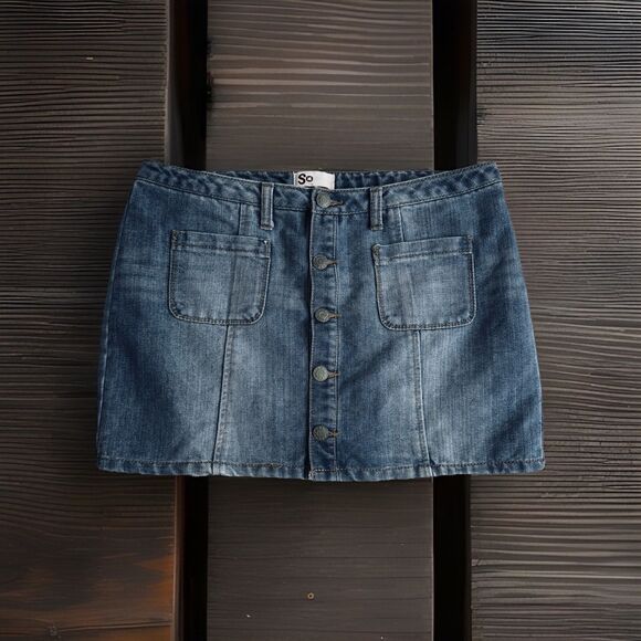SO Denim Mini Skirt 9 (31x13.5) Medium Blue Jean Button Juniors - Picture 1 of 6
